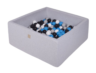 Vierkante ballenbak - Licht grijs met Witte, Blauwe, Zwarte en Grijze ballen